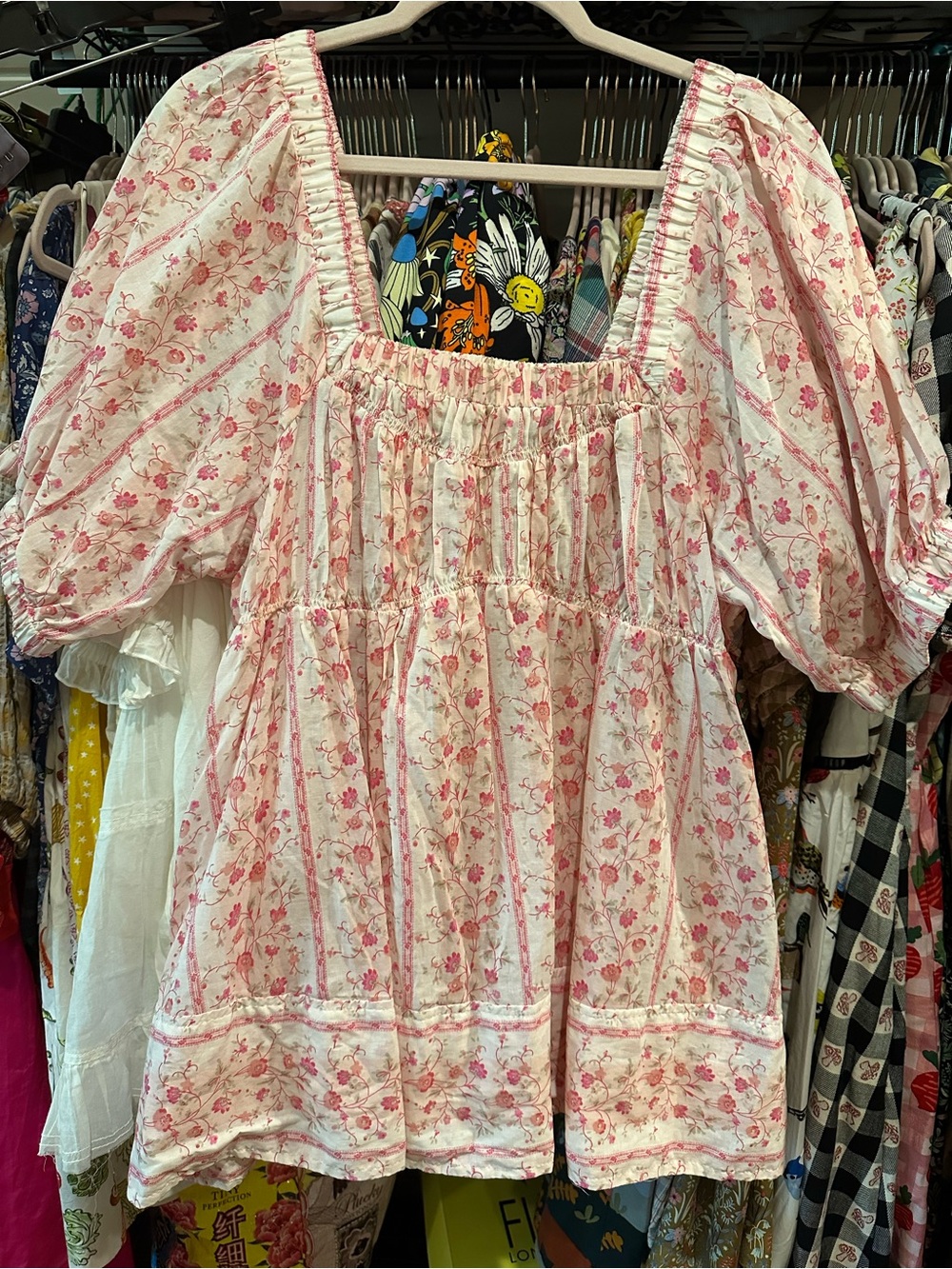 FREE PEOPLE “Vintage Lover” Blouse Babydoll Cotton Voile French Floral Print L